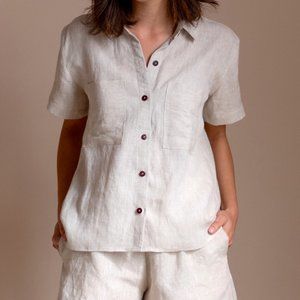 Linen Pomelo Button Up Shirt Sand Brown Buttons